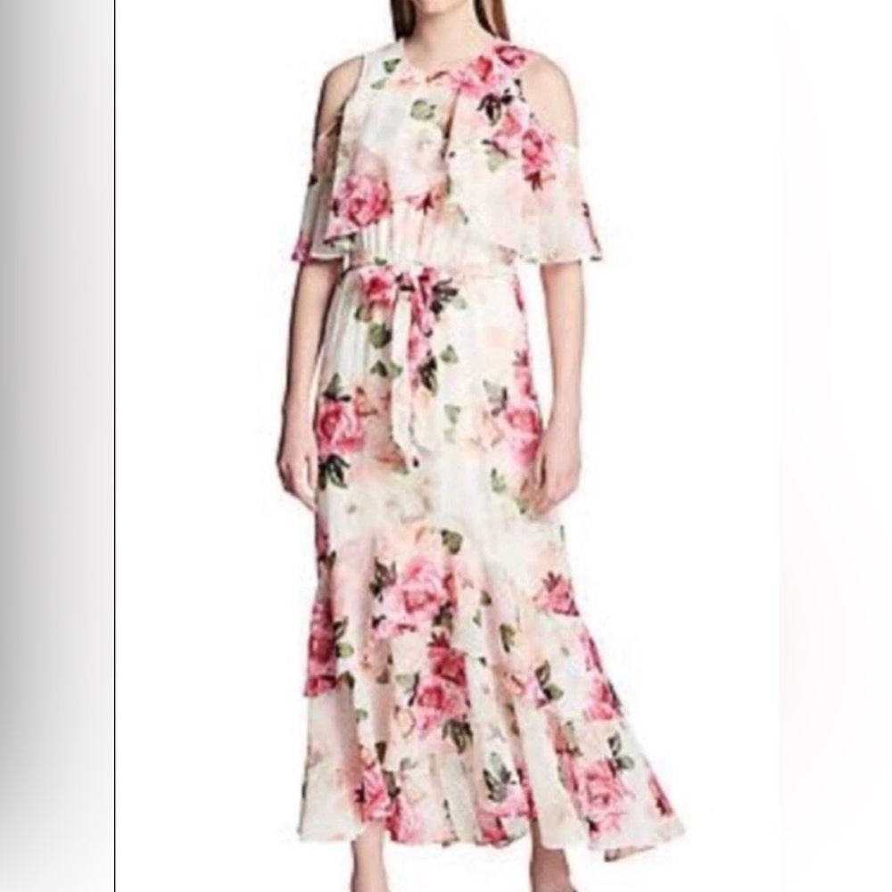 116. NWT! Calvin Klein Floral Cold Shoulder Maxi, Self Tie Belt, Keyhole Back